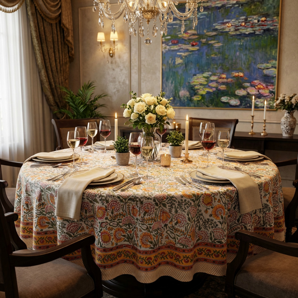 Image of Hand Block Printed Cotton Round Tablecloth 220 cms| Reshma Sea Green Open 203253