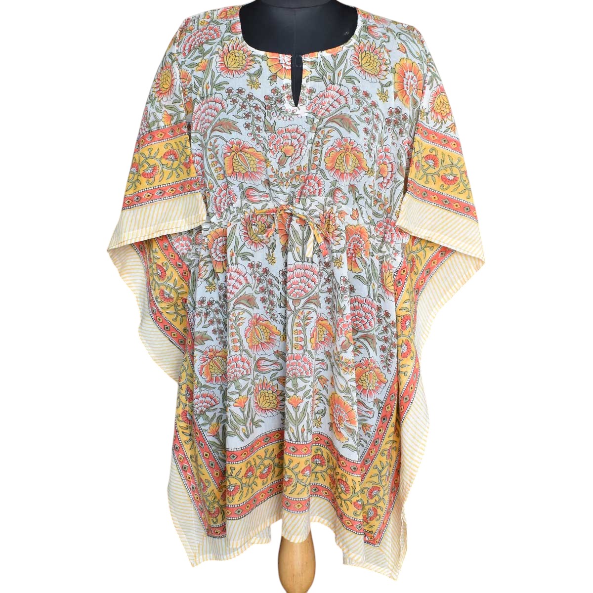 String Kaftan Free Size Indian Block Printed on Soft Cotton Voile Reshma Sea Green Open 203253