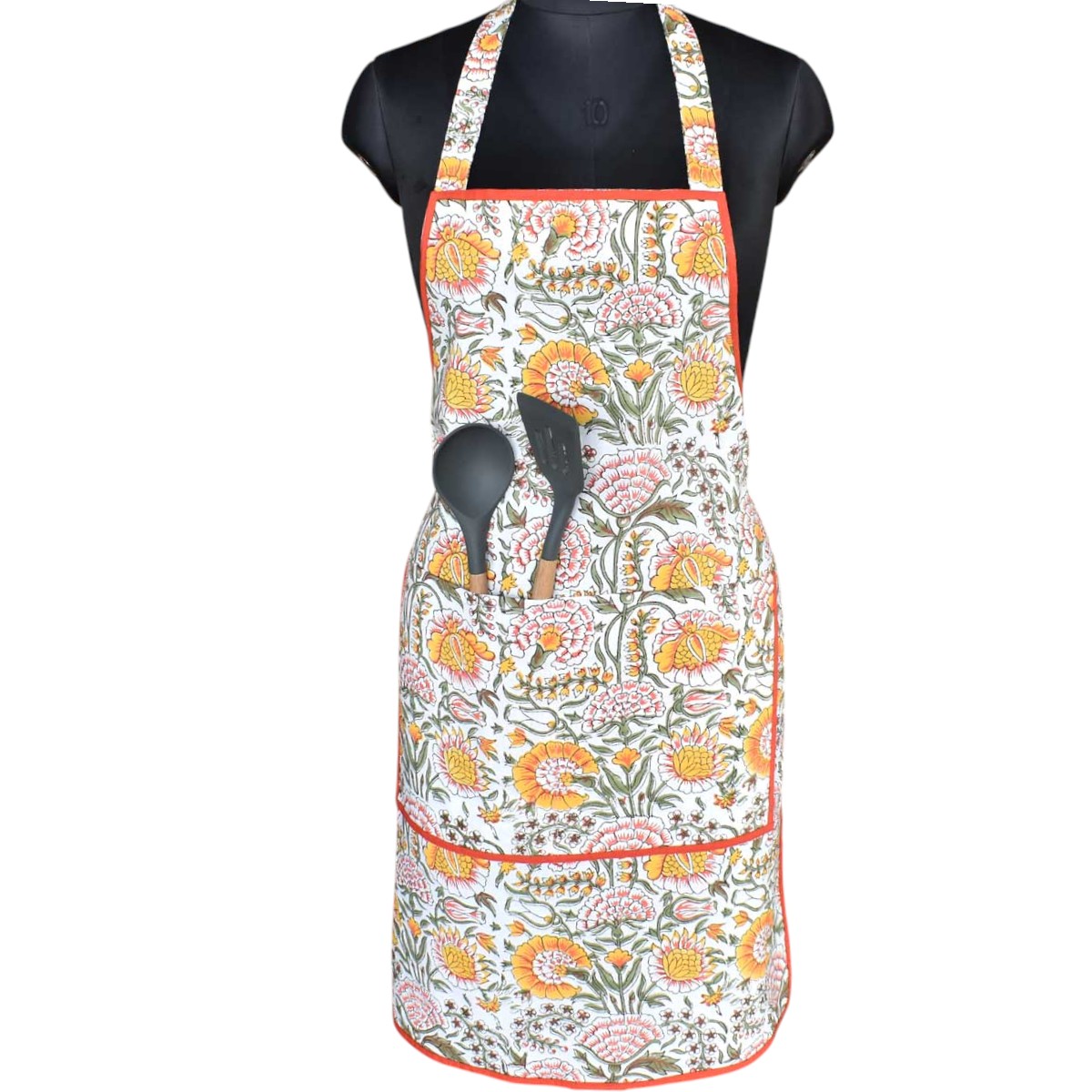 Indian Block-Printed 100 Cotton Apron Reshma Sea Green Open 203253