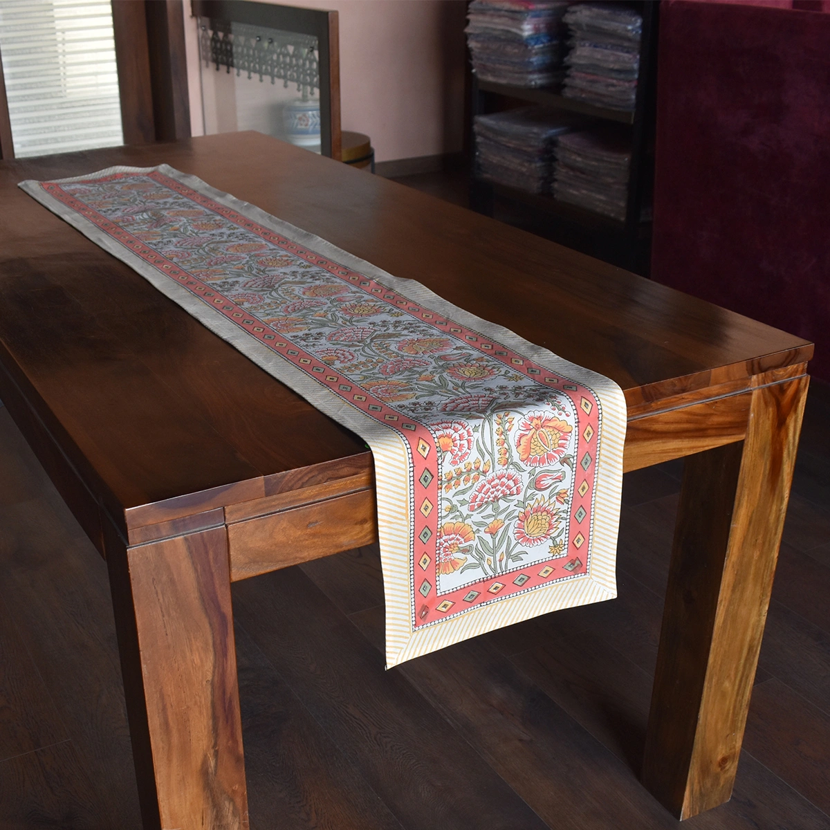Hand Block Printed Cotton Canvas Table Runner 33x170 cms Reshma Sea Green Open 203253