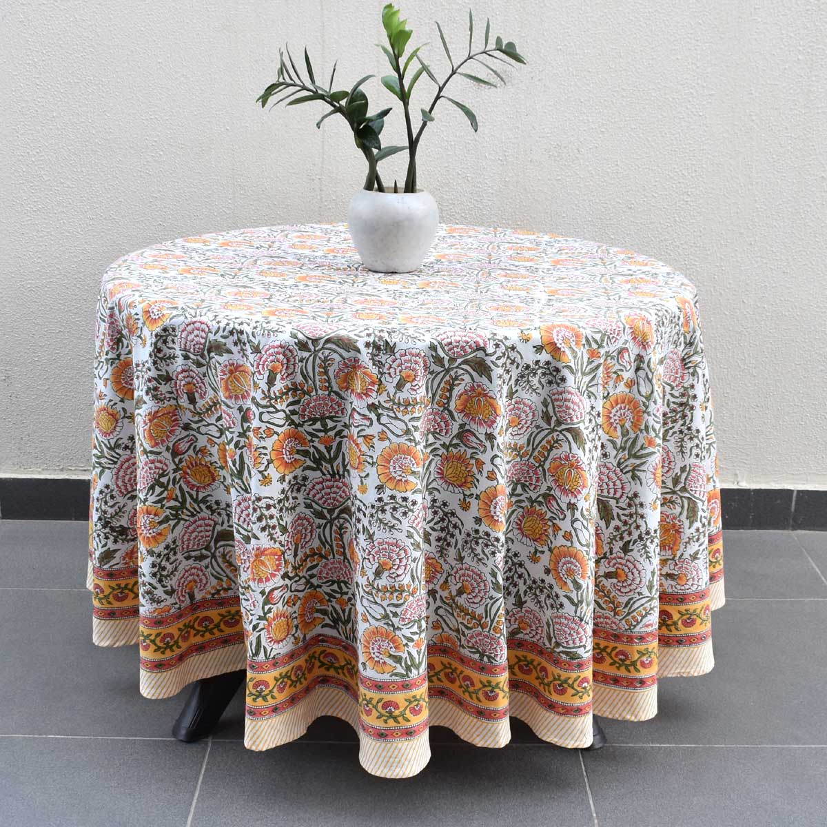 Hand Block Printed Cotton Round Tablecloth 180 cms Reshma Sea Green Open 203253