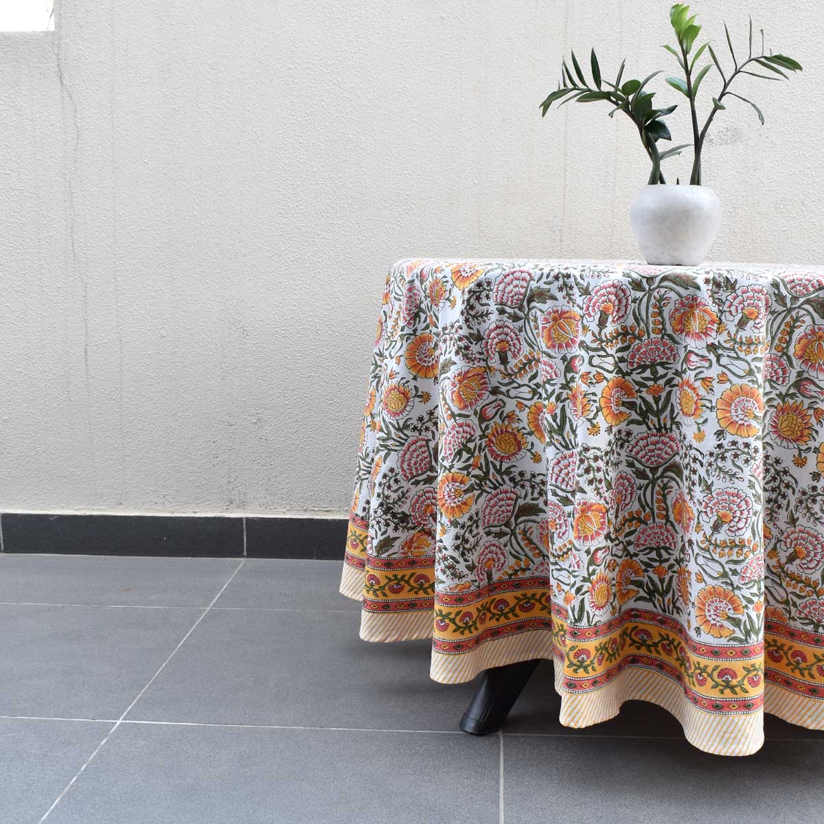 Hand Block Printed Cotton Round Tablecloth 180 cms Reshma Sea Green Open 203253