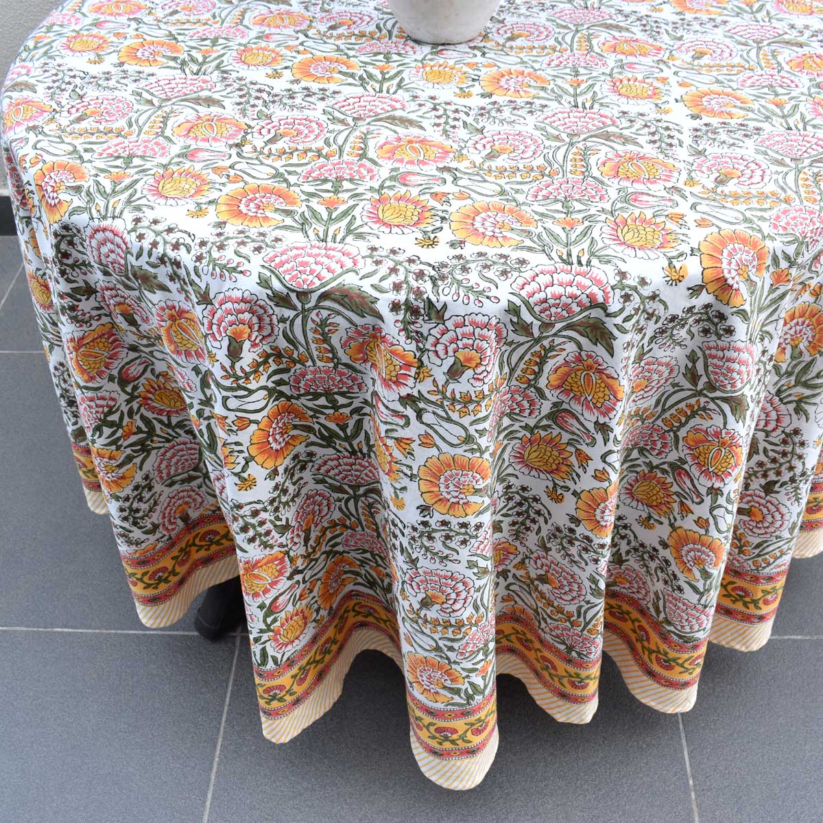 Hand Block Printed Cotton Round Tablecloth 180 cms Reshma Sea Green Open 203253