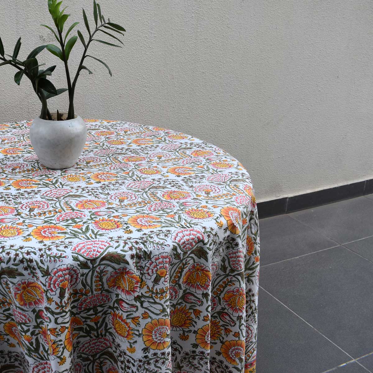 Hand Block Printed Cotton Round Tablecloth 220 cms Reshma Sea Green Open 203253