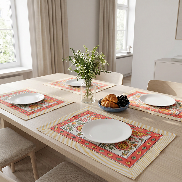 Hand Block Printed Cotton Canvas Table Mat 32x48 cms Set of 2 Table mats Reshma Sea Green Open 203253