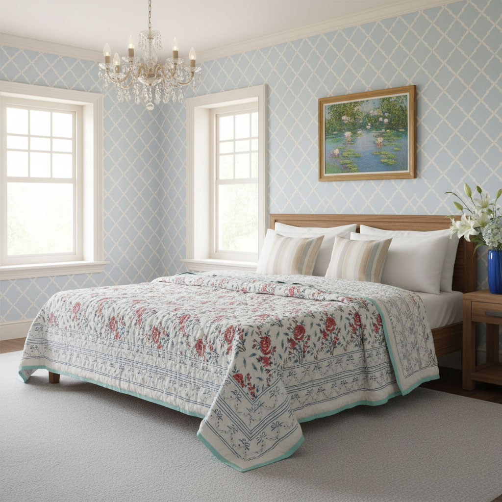 Hand Block Printed Cotton Queen Size Quilt Roseline Pink 100587