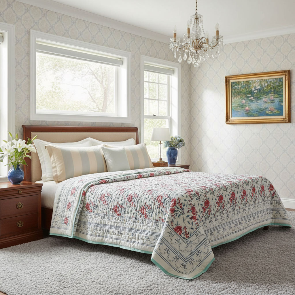 Hand Block Printed Cotton Twin Size Quilt Roseline Pink 101834