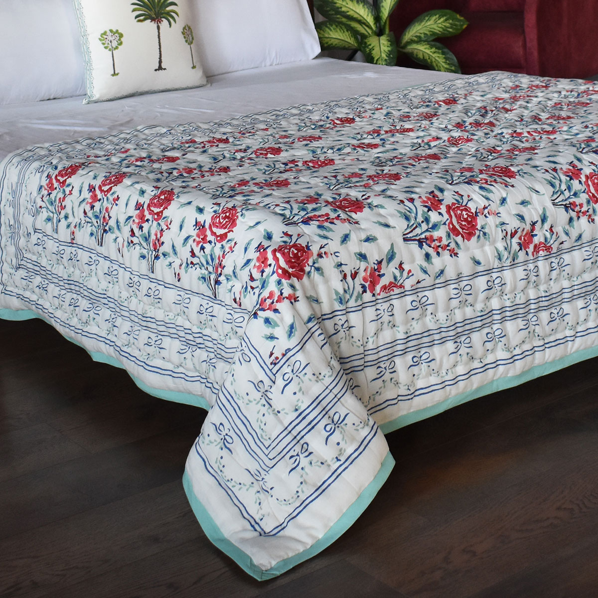 Hand Block Printed Cotton Twin Size Quilt  Roseline Pink 101834