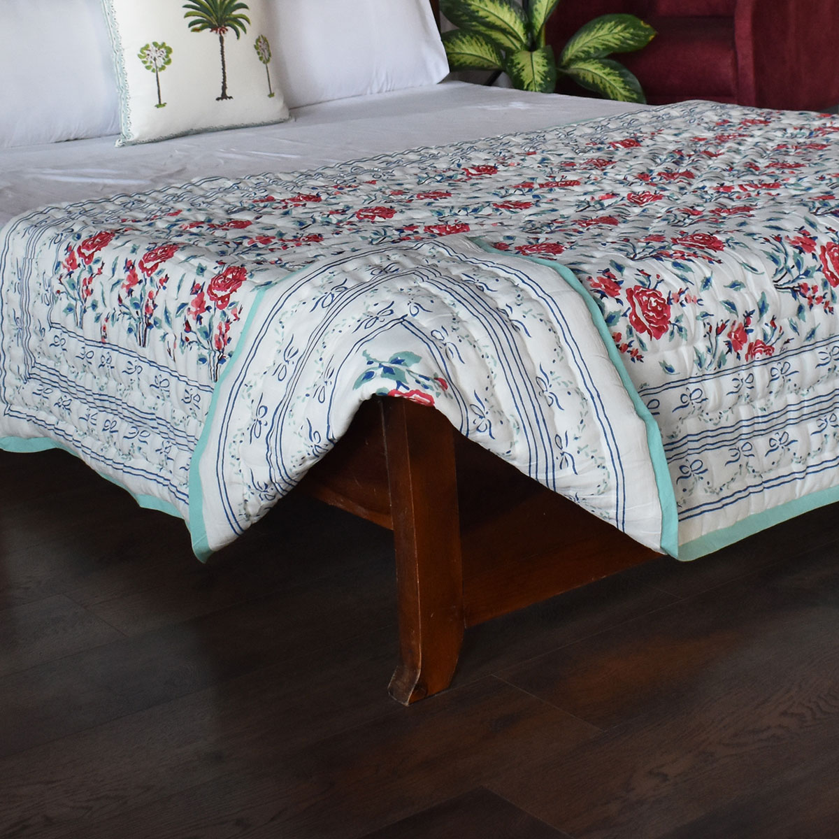 Hand Block Printed Cotton Twin Size Quilt Roseline Pink 101834