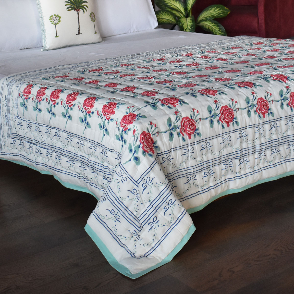 Hand Block Printed Cotton Twin Size Quilt  Roseline Pink 101834