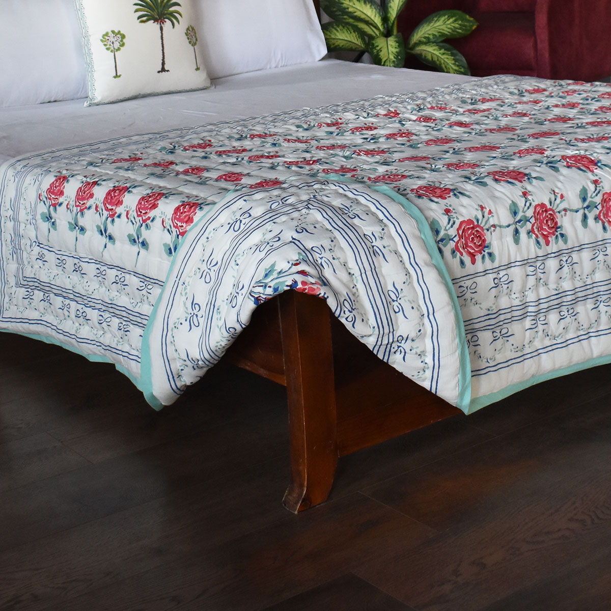 Hand Block Printed Cotton Twin Size Quilt  Roseline Pink 101834