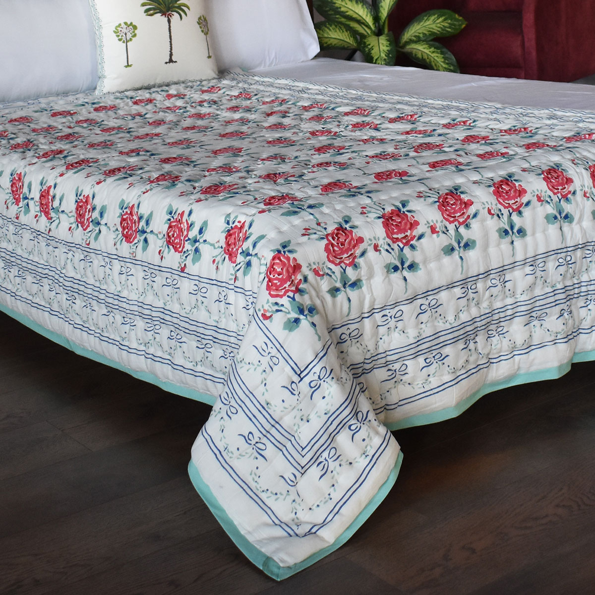 Hand Block Printed Cotton Twin Size Quilt Roseline Pink 101834