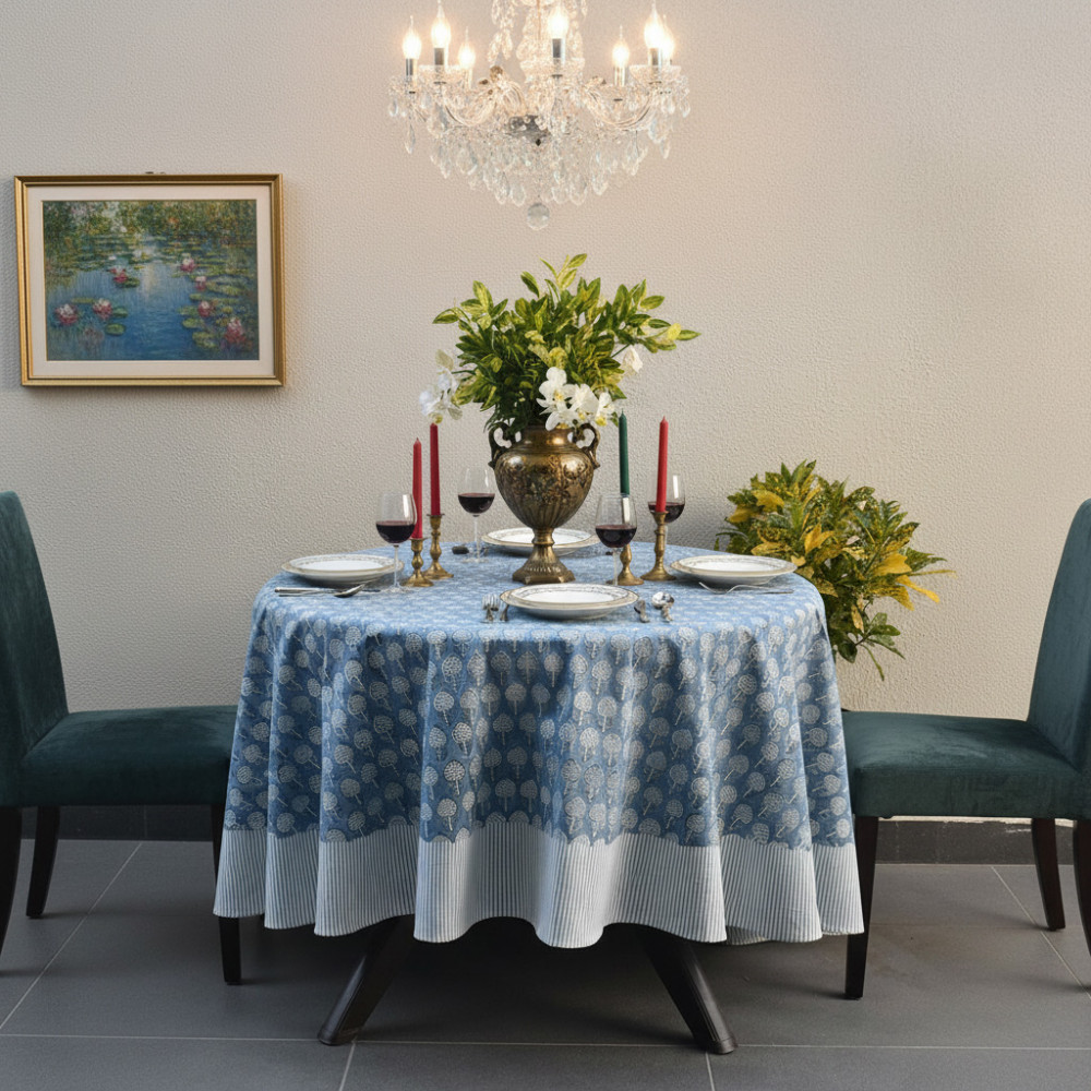 Image of Round 220 cms Cotton French Design Table Cover | Artichoke Pearl Blue 251210