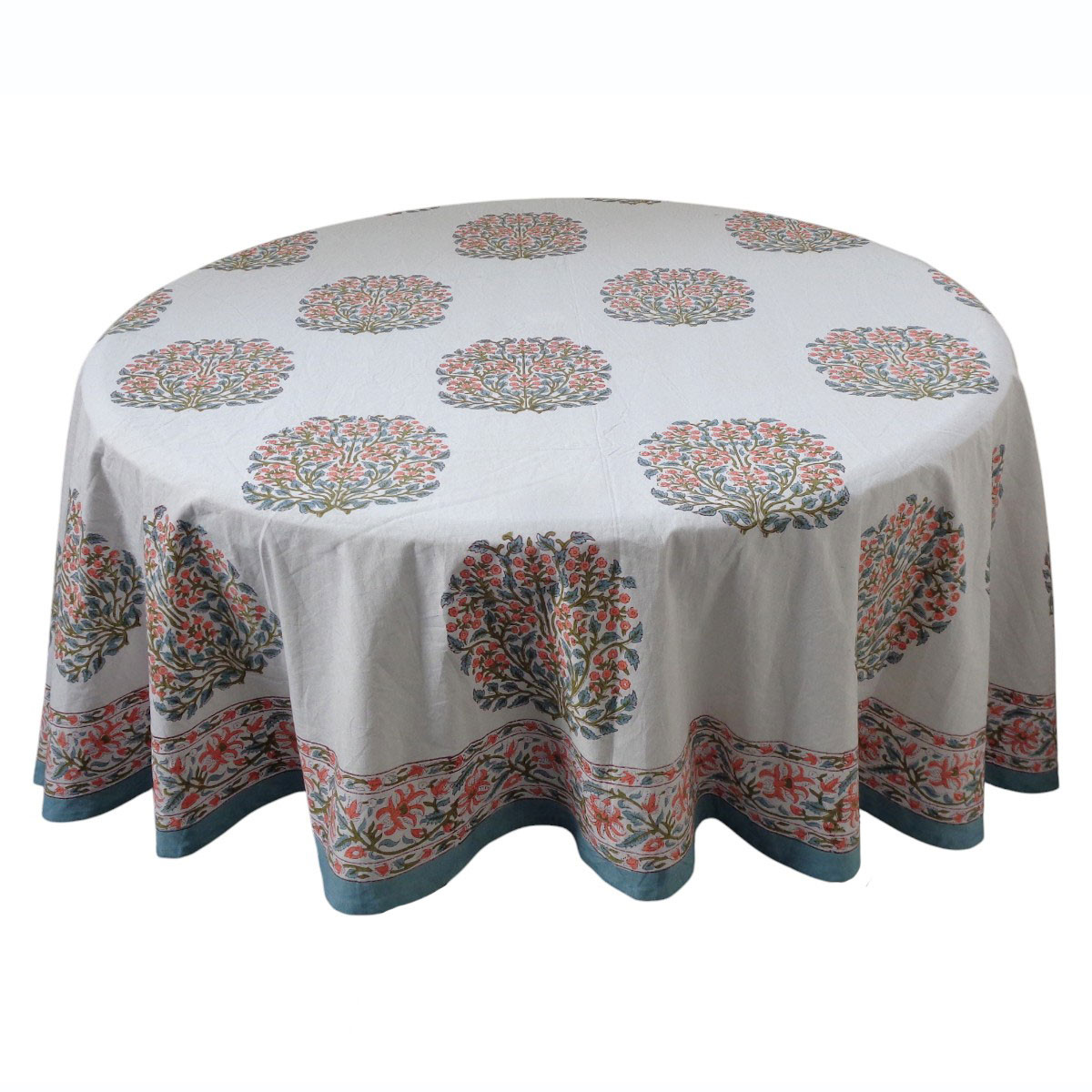Hand Block Printed Cotton Round Tablecloth 220 cms Berry Pink Boota 106129