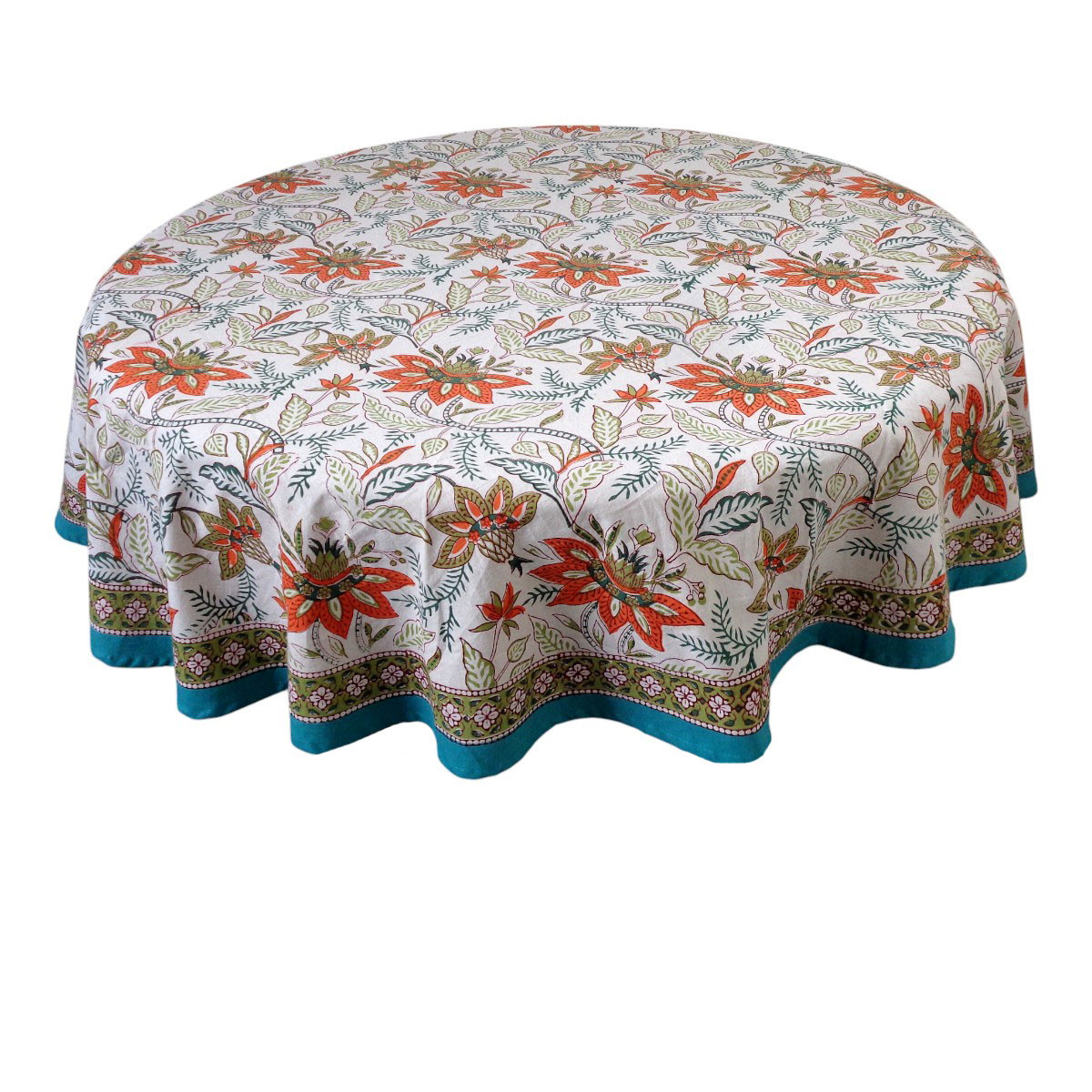Hand Block Printed Cotton Round Tablecloth 275 cms  Bossanova Green Open 393938