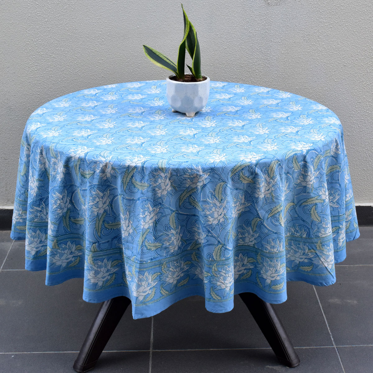 Round 220 cms Cotton French Design Table Cover  Japan Lotus Blue Gud 202502