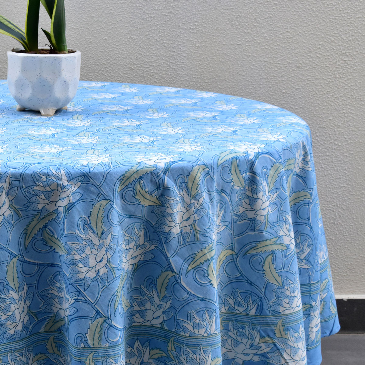 Round 220 cms Cotton French Design Table Cover  Japan Lotus Blue Gud 202502