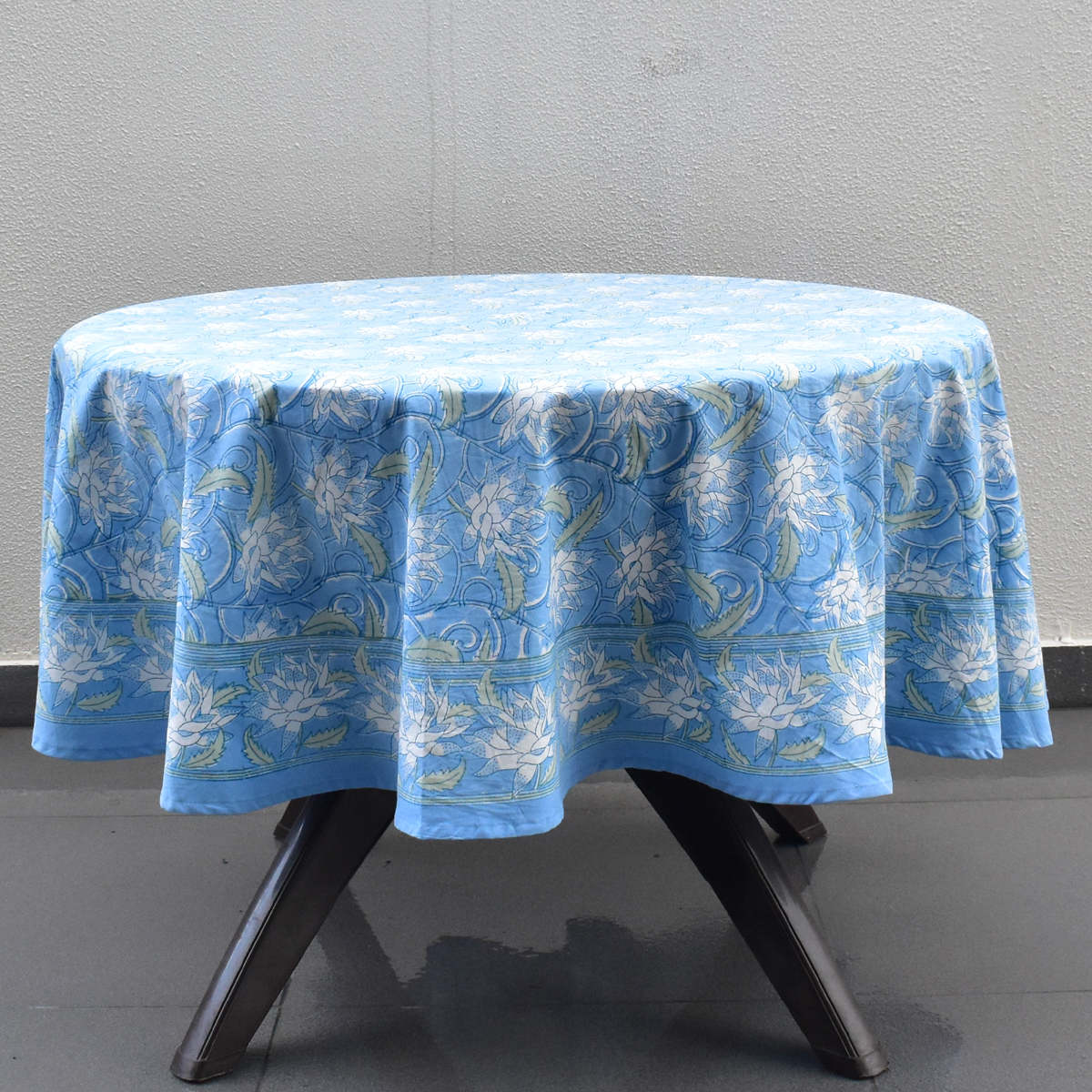 Round 220 cms Cotton French Design Table Cover  Japan Lotus Blue Gud 202502