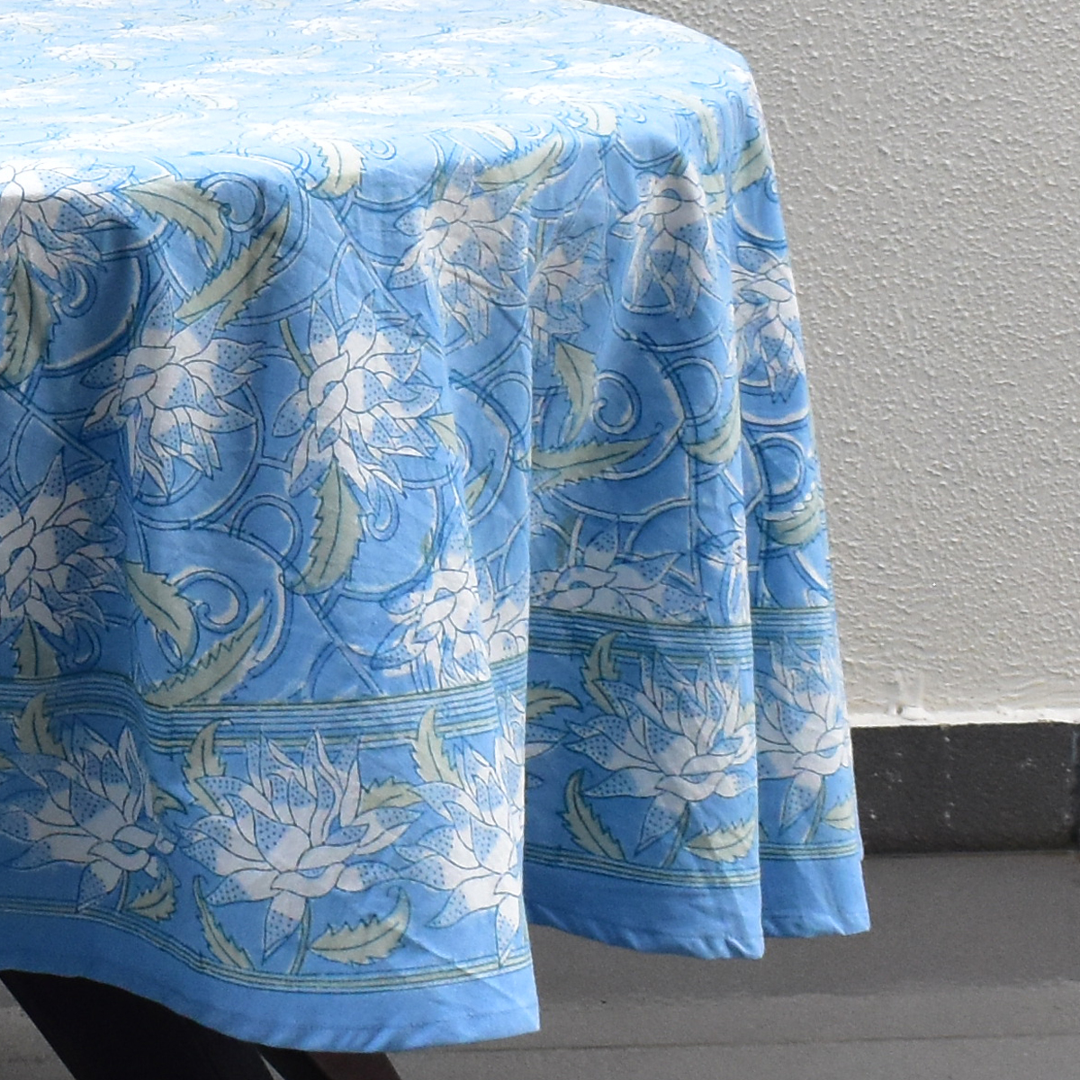 Round 220 cms Cotton French Design Table Cover  Japan Lotus Blue Gud 202502
