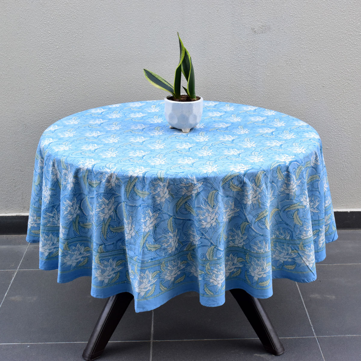 Round 220 cms Cotton French Design Table Cover  Japan Lotus Blue Gud 202502