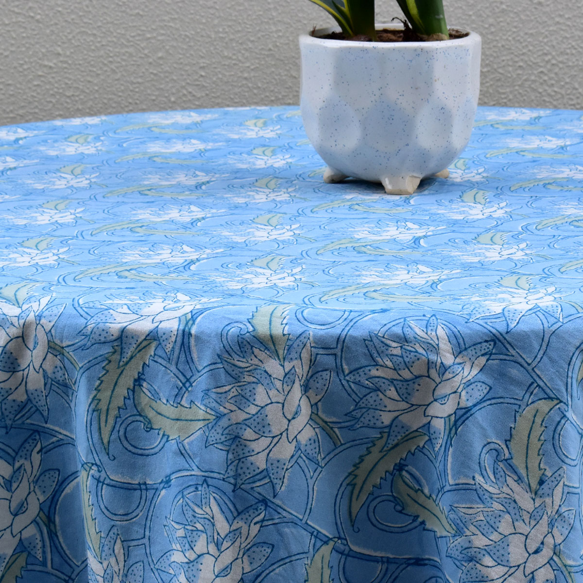 Round 220 cms Cotton French Design Table Cover  Japan Lotus Blue Gud 202502