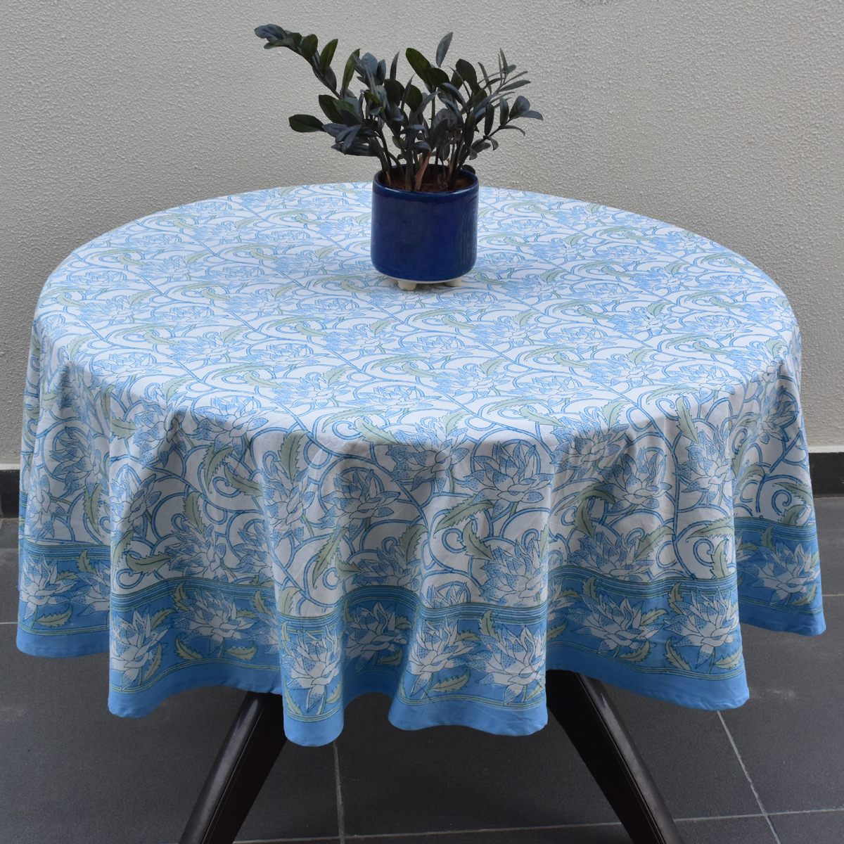 Round 180 cms Cotton French Design Table Cover  Japan Lotus Blue Open 202506