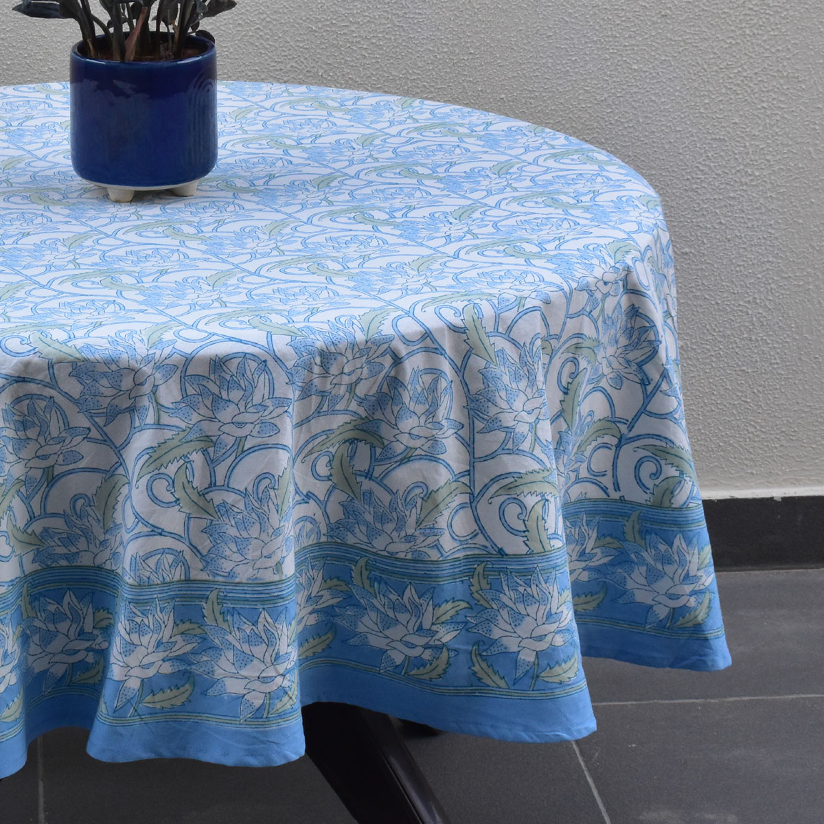 Round 180 cms Cotton French Design Table Cover  Japan Lotus Blue Open 202506