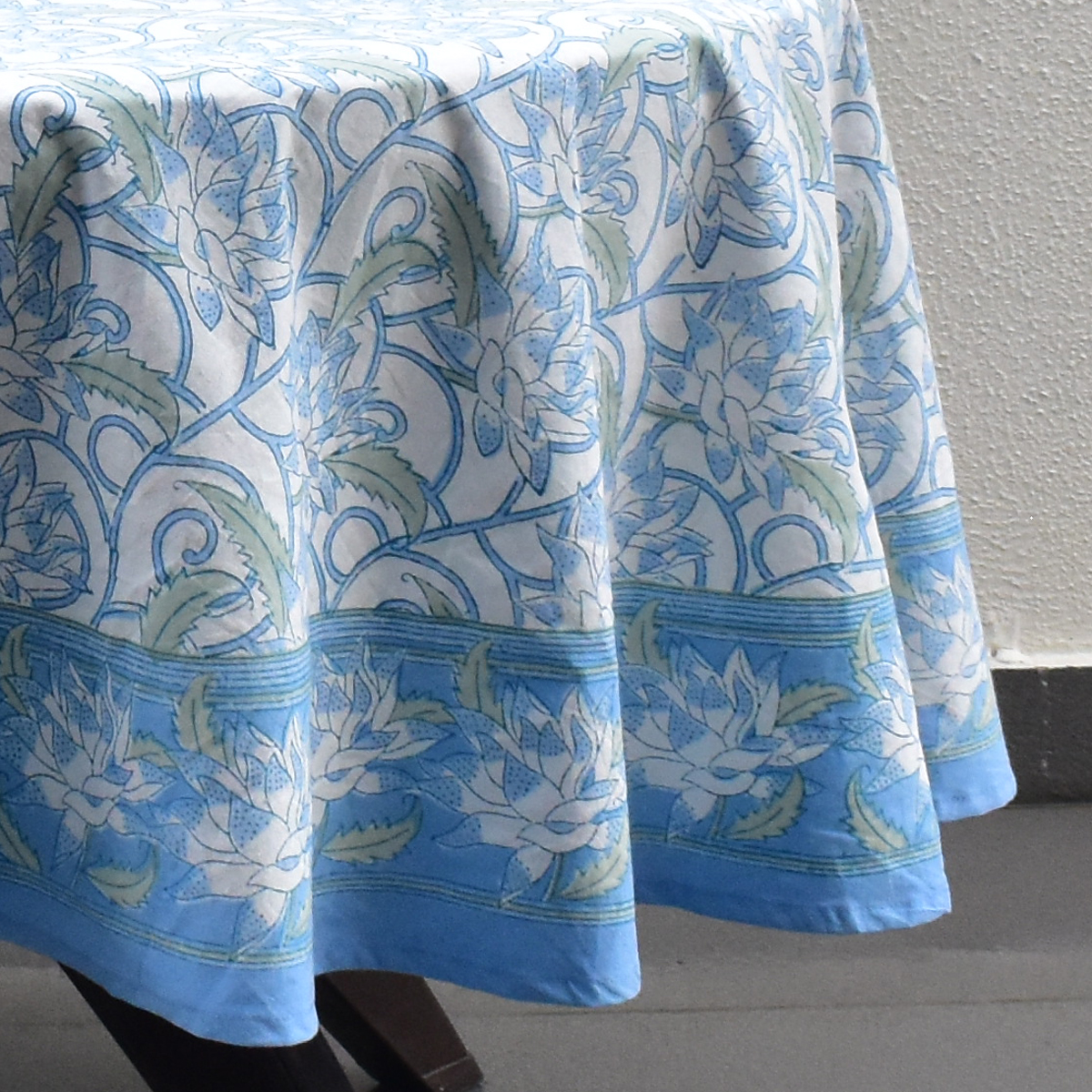 Round 220 cms Cotton French Design Table Cover  Japan Lotus Blue Open 202506