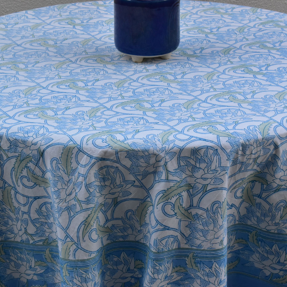 Round 220 cms Cotton French Design Table Cover  Japan Lotus Blue Open 202506