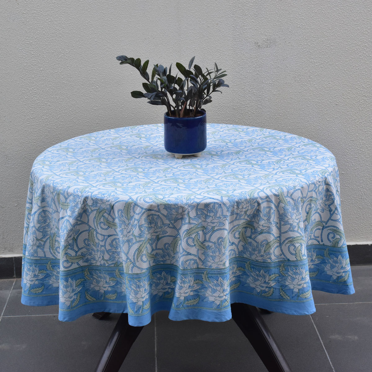 Round 180 cms Cotton French Design Table Cover  Japan Lotus Blue Open 202506