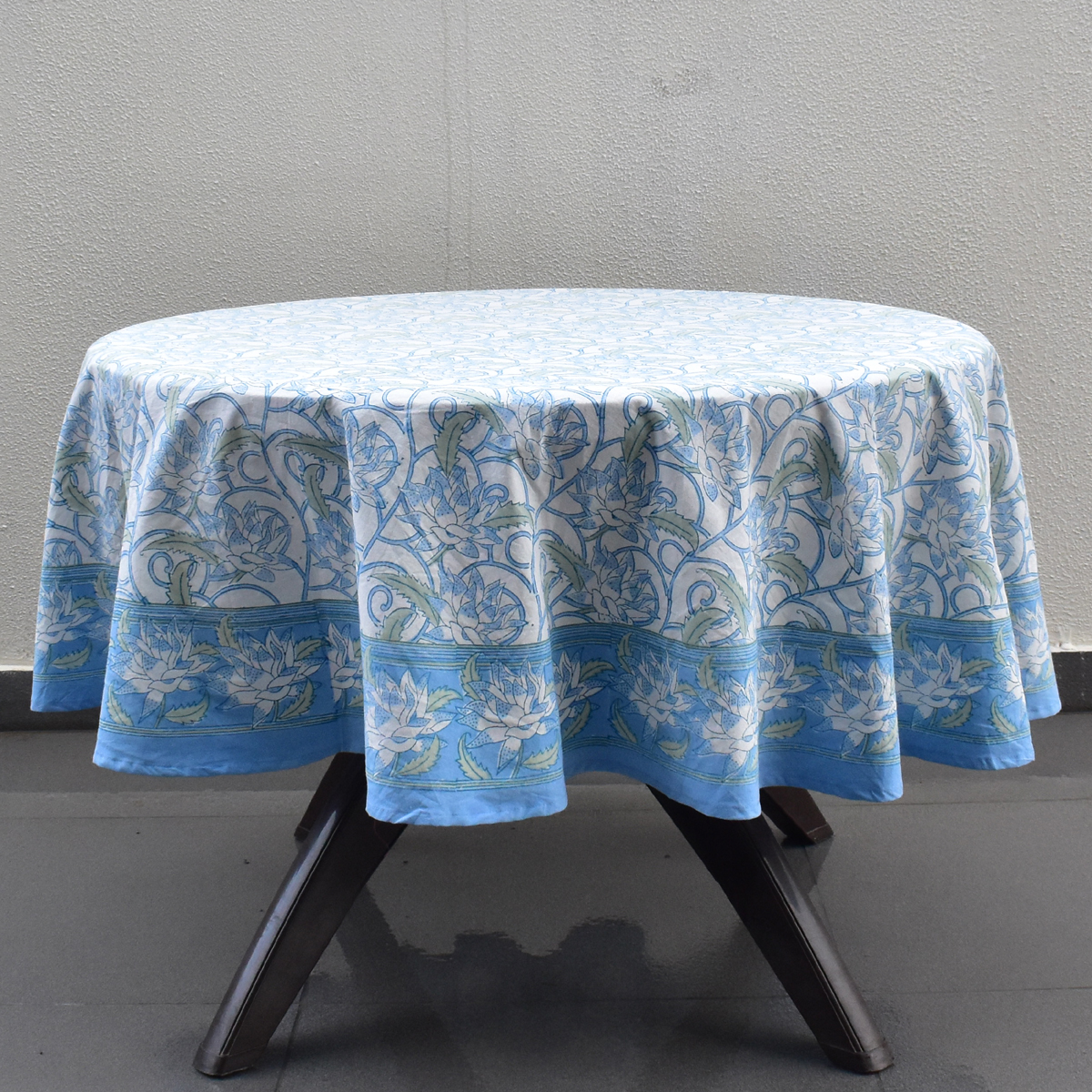 Round 180 cms Cotton French Design Table Cover  Japan Lotus Blue Open 202506