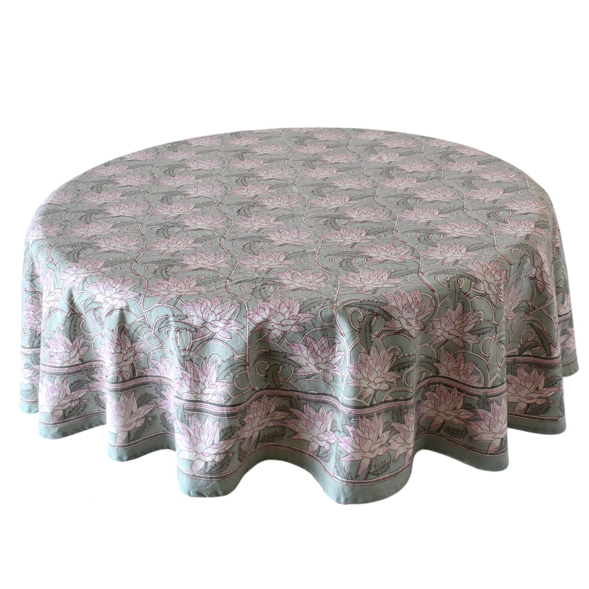Round 180 cms Cotton French Design Table Cover Japan Lotus Green 202501