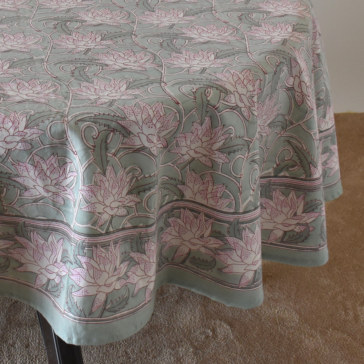 Round 180 cms Cotton French Design Table Cover Japan Lotus Green 202501