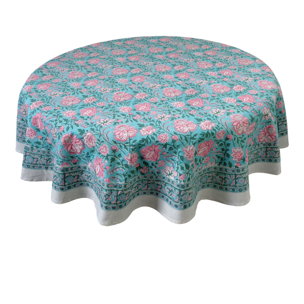 Hand Block Printed Cotton Round Tablecloth 220 cms Mohini Green Gud 620605