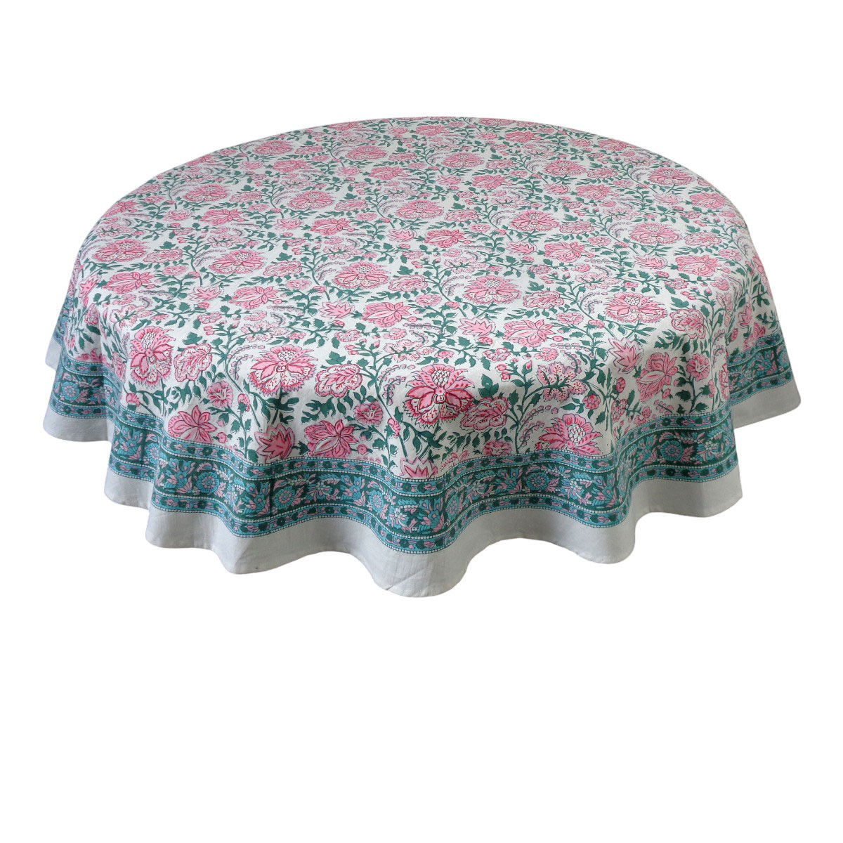 Hand Block Printed Cotton Round Tablecloth 150 cms Mohini Green Open 620606