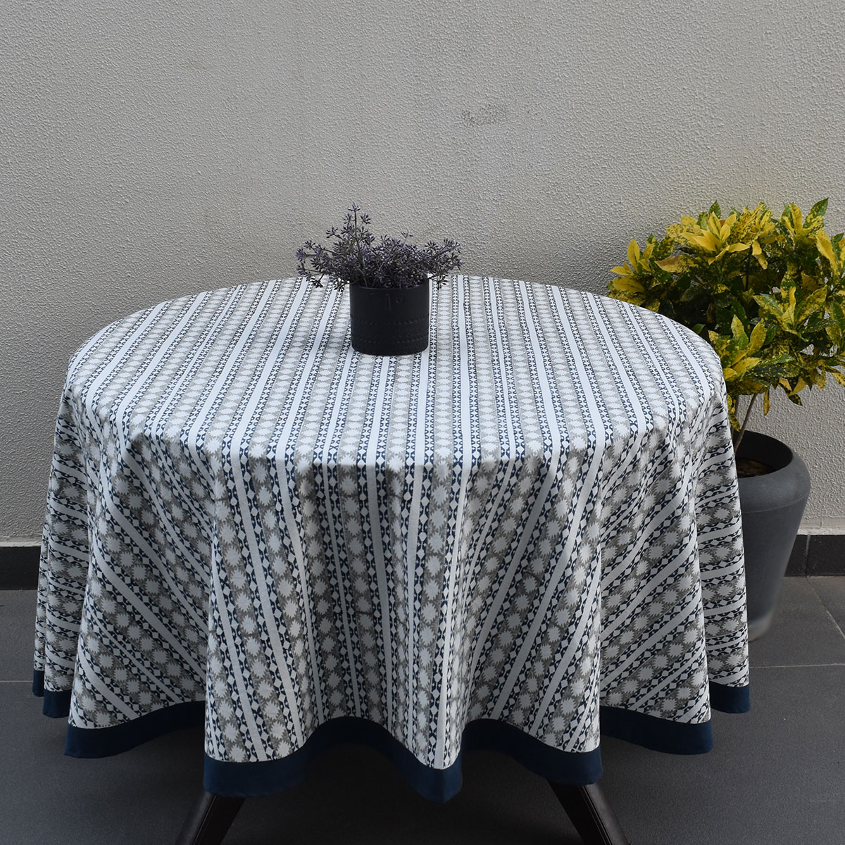 Round 220 cms Cotton French Design Table Cover Nordic Blue Greystone Stripe 202527