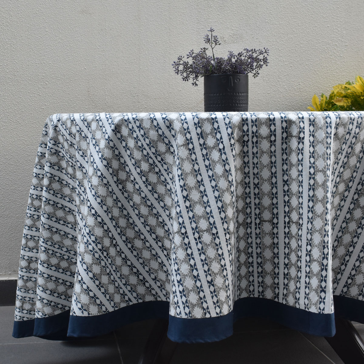 Round 220 cms Cotton French Design Table Cover Nordic Blue Greystone Stripe 202527