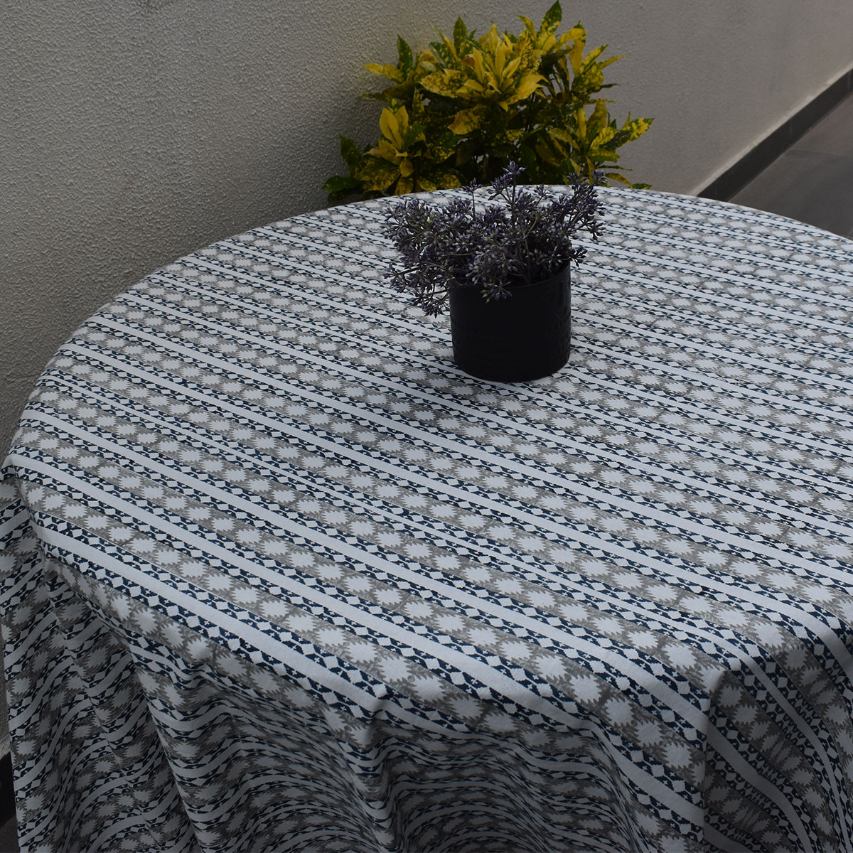 Round 220 cms Cotton French Design Table Cover  Nordic Blue Greystone Stripe 2025102