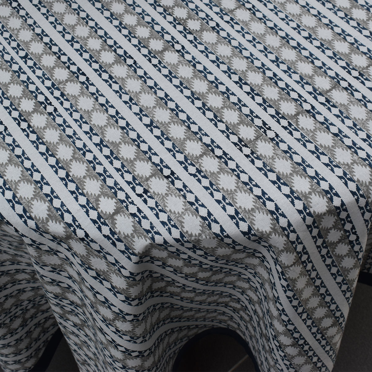 Round 220 cms Cotton French Design Table Cover Nordic Blue Greystone Stripe 202527