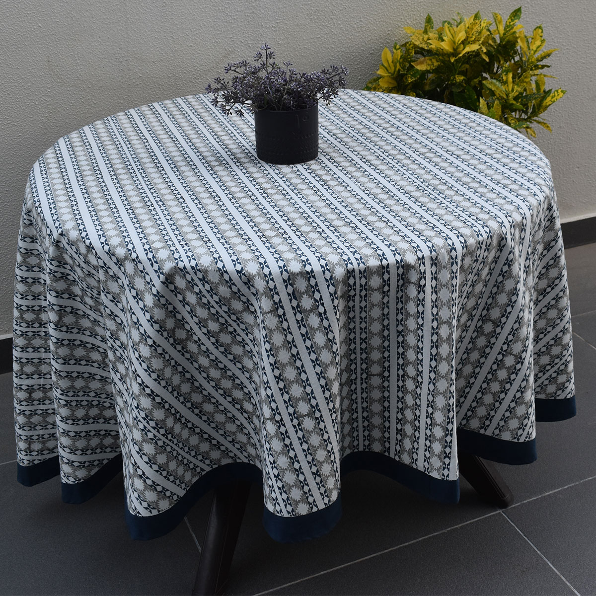 Round 220 cms Cotton French Design Table Cover  Nordic Blue Greystone Stripe 2025102