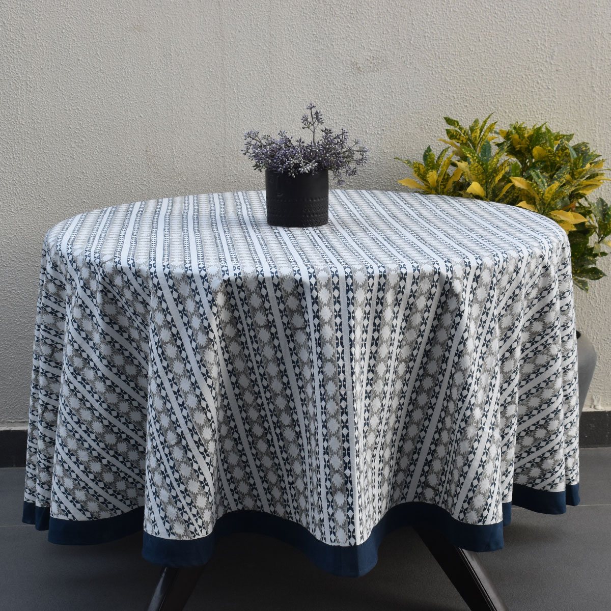 Round 220 cms Cotton French Design Table Cover  Nordic Blue Greystone Stripe 202527