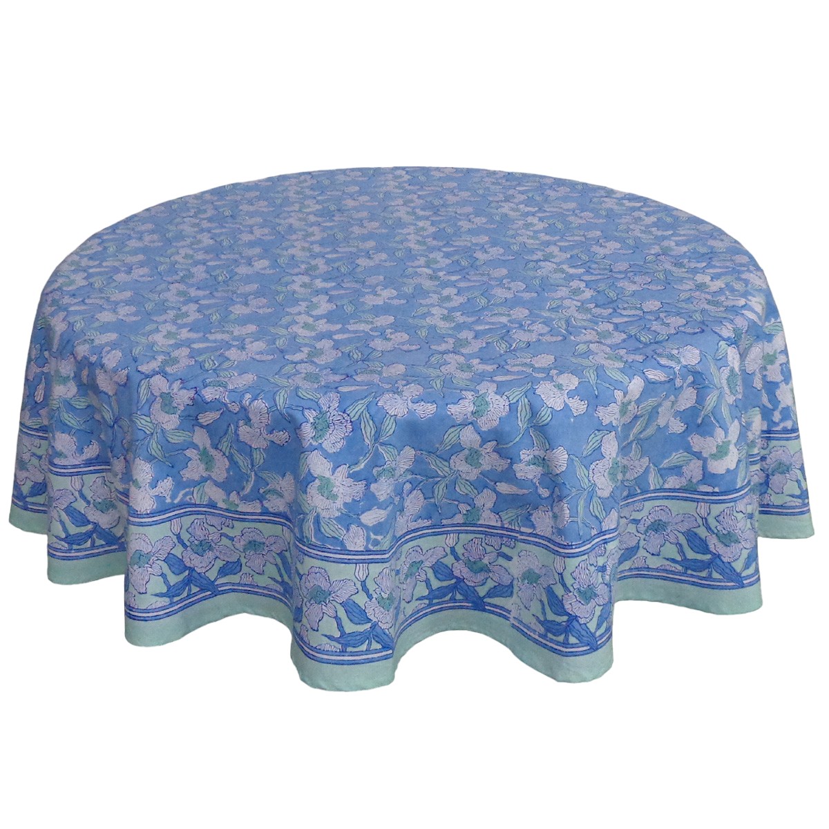 Hand Block Printed Cotton Round Tablecloth 220 cms Orchid Aqua 203890