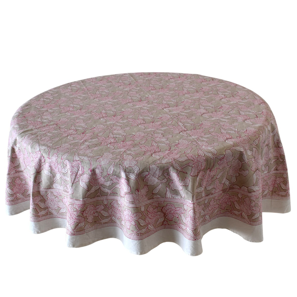 Hand Block Printed Cotton Round Tablecloth 275 cms Orchid Beige 250503