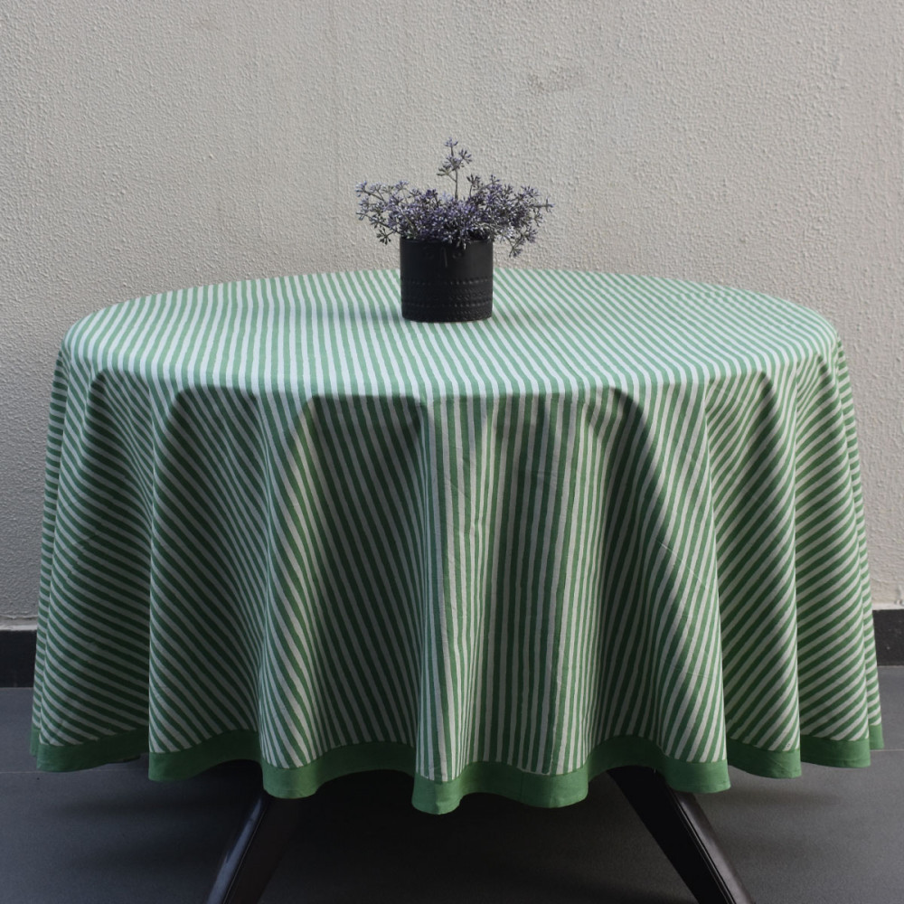 Image of Round 220 cms Cotton French Design Table Cover | Stripe Green Olive 202529