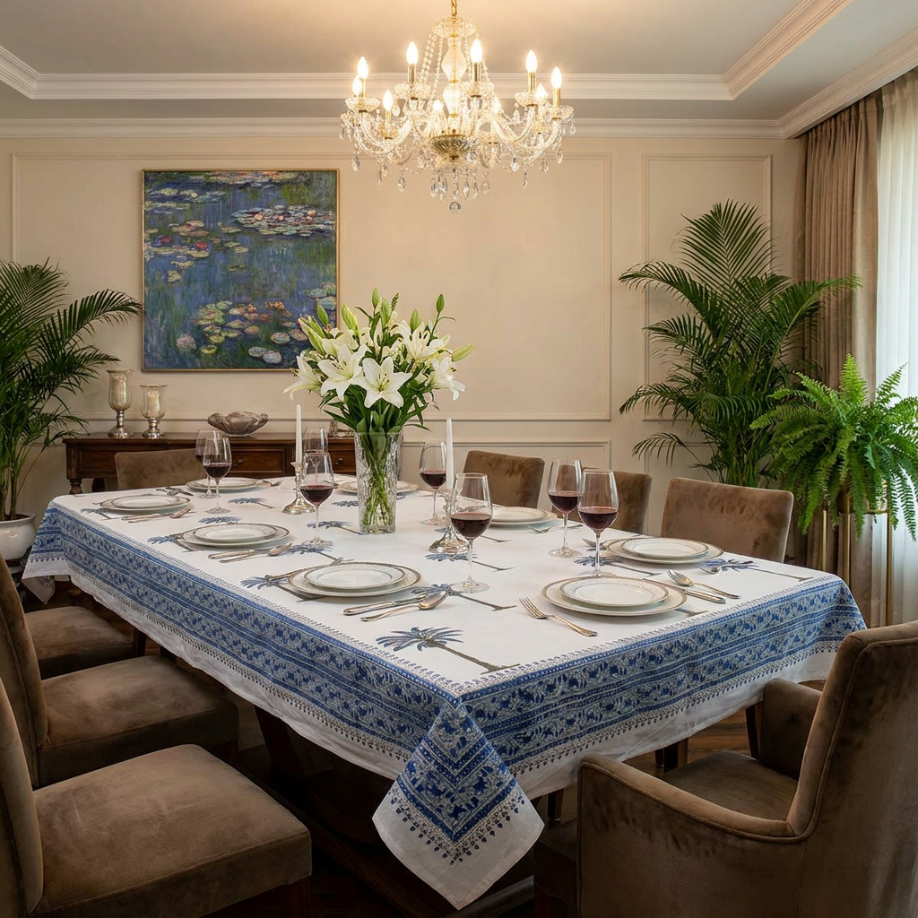 Hand Block Printed Cotton Tablecloth 180x270 cms Royal Palm Tree 104330