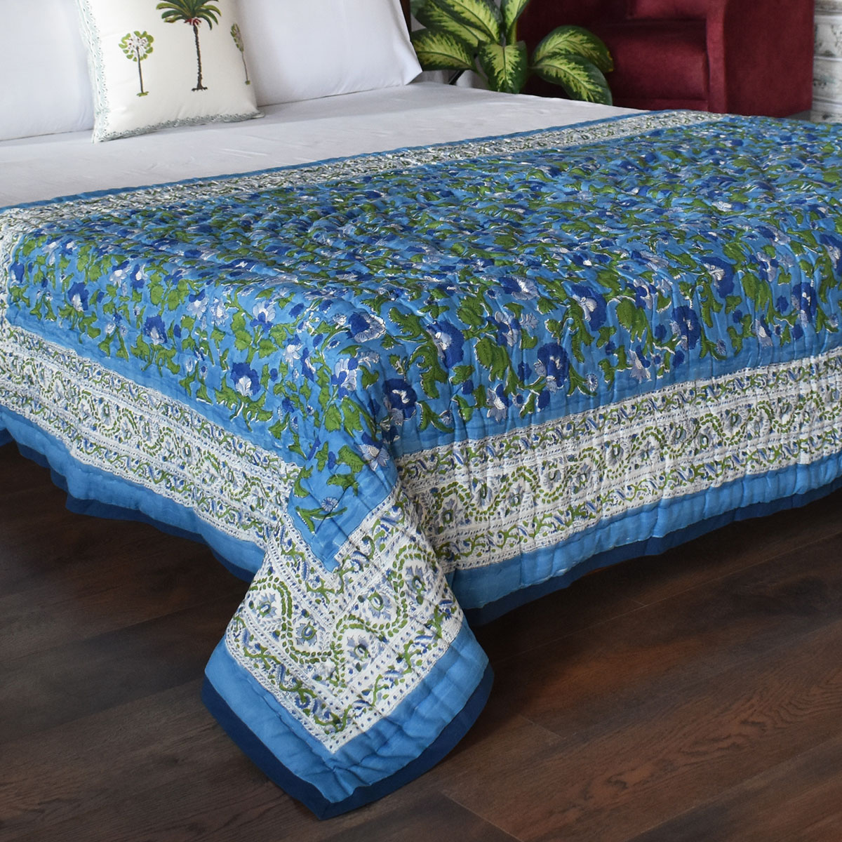 Hand Block Printed Cotton Twin Size Quilt Rukhsana Blue 102436