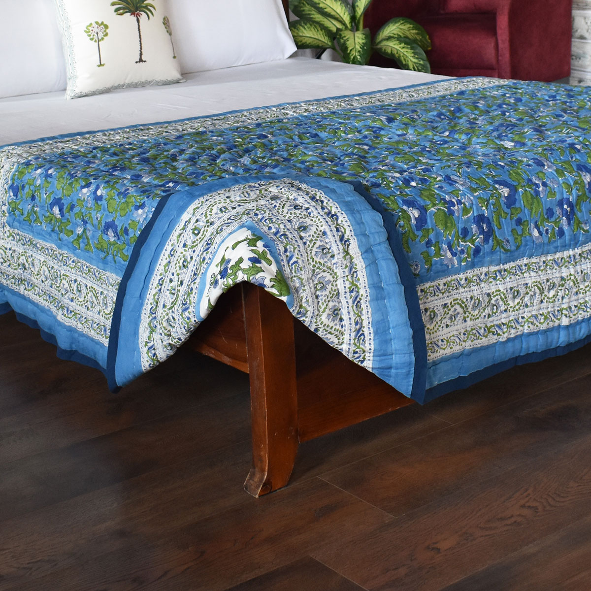 Hand Block Printed Cotton Twin Size Quilt Rukhsana Blue 102436