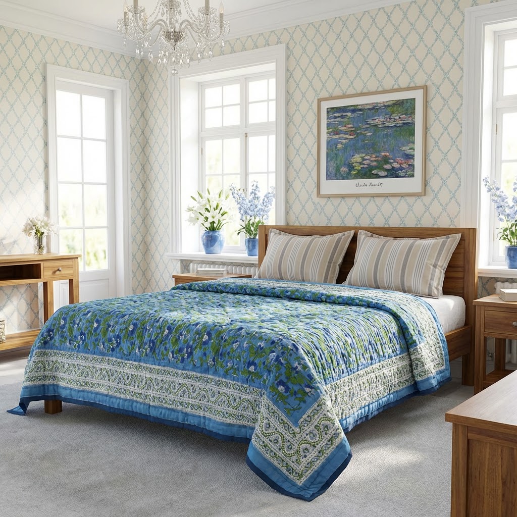 Hand Block Printed Cotton Twin Size Quilt Rukhsana Blue 102436