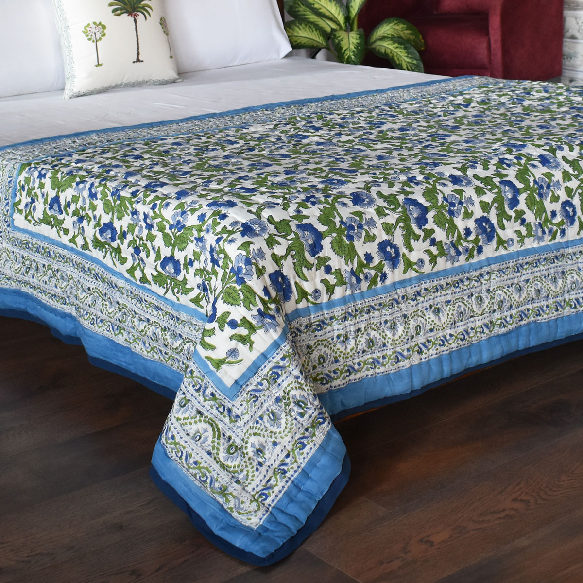 Hand Block Printed Cotton Twin Size Quilt Rukhsana Blue 102436