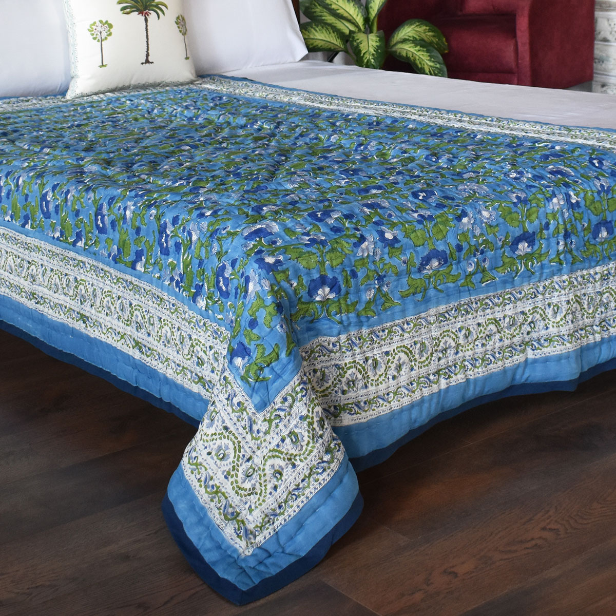 Hand Block Printed Cotton Twin Size Quilt Rukhsana Blue 102436